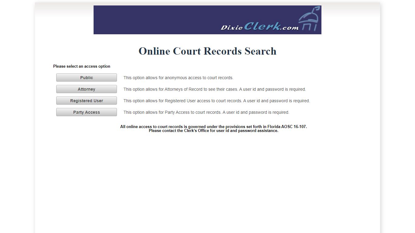 Dixie County OCRS - ONLINE COURT RECORDS SEARCH